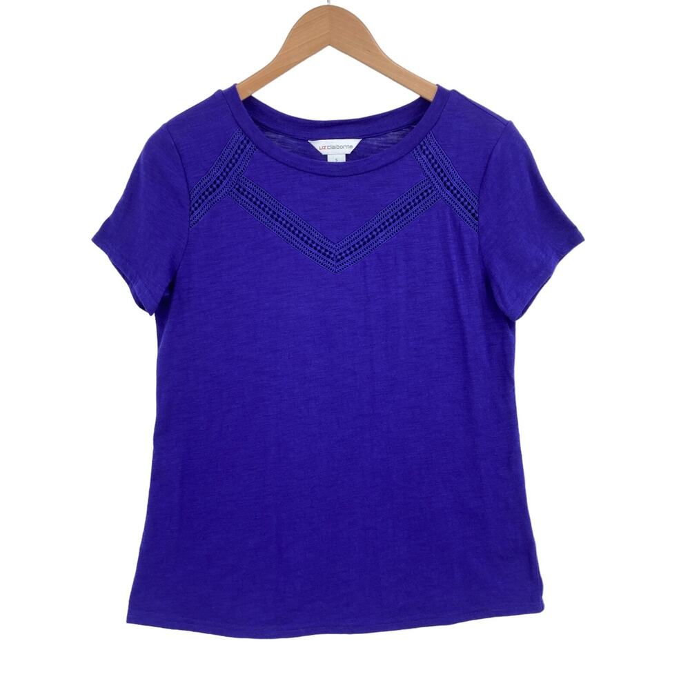 Liz Claiborne Tee Shirt Women Small Indigo Blue Knit Short Sleeve Crochet Detail